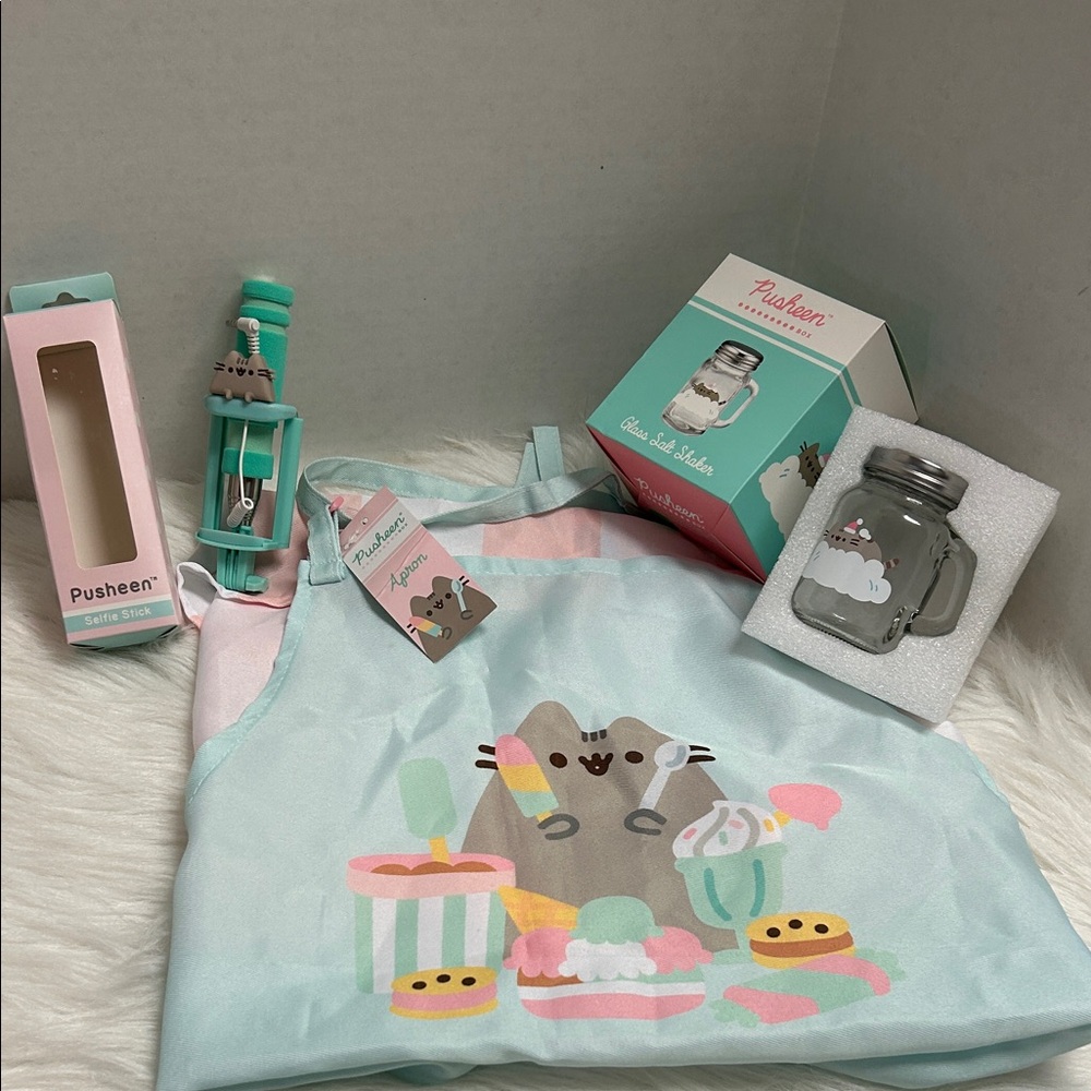 New Pusheen Mint and Pink Dessert Apron,selfie stick and glass salt shaker